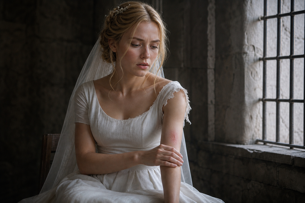 Oliva sat dressed in white, one sleeve torn, a fresh needle mark reddening her arm.