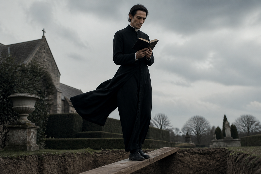 Homo stood midway above the trench, prayer book open, black coat lifting in the wind.