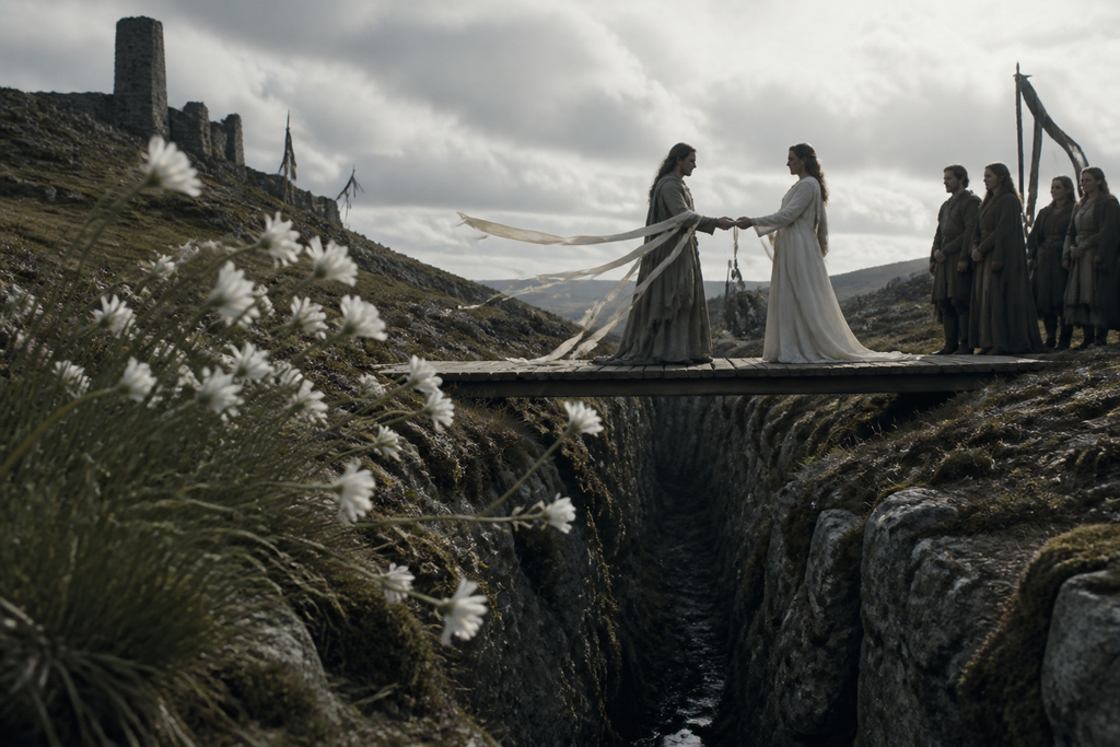 The vows moved over the trench while wind worried every white flower.