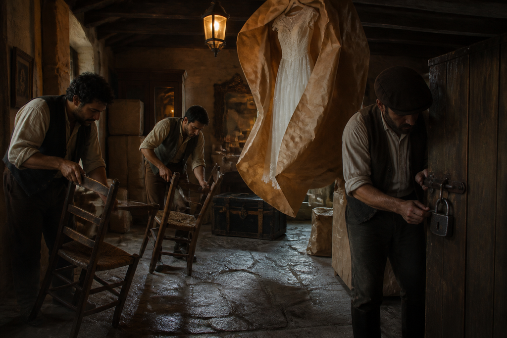 Below, chairs scraped across stone, men tested a lock, and a wedding dress rustled inside paper.