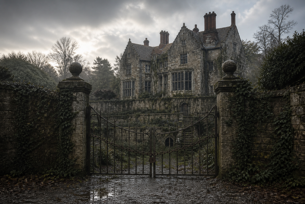 Through the bars, Deans Folly spread around a sunken garden and a gate chained shut.