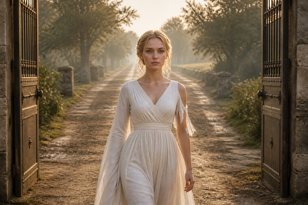 She walked through the gate alone.