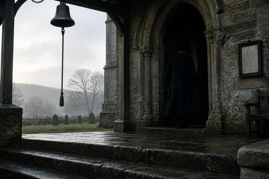 The black coat disappeared beneath the porch, and the bells stopped.