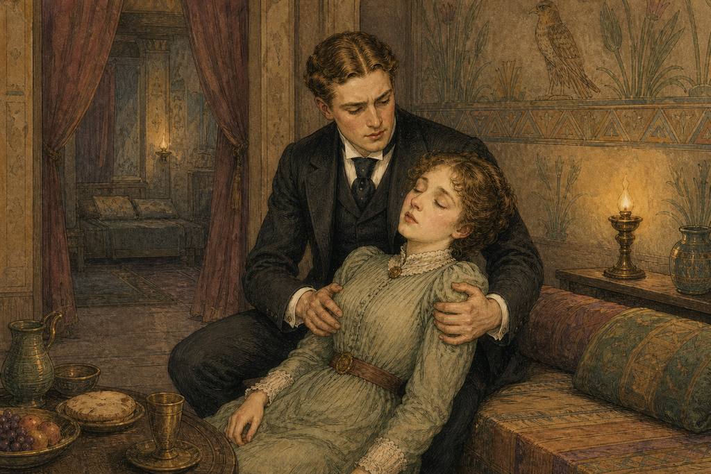 Wonder, fear, and tenderness crossed her face; before she could answer, she fainted into his arms.