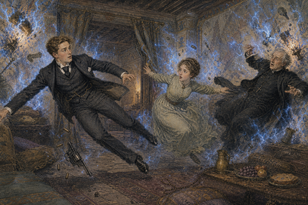 Blue fire burst from the walls, lamps exploded, and invisible force flung Thomas, Phyllis, and Winward across the room.