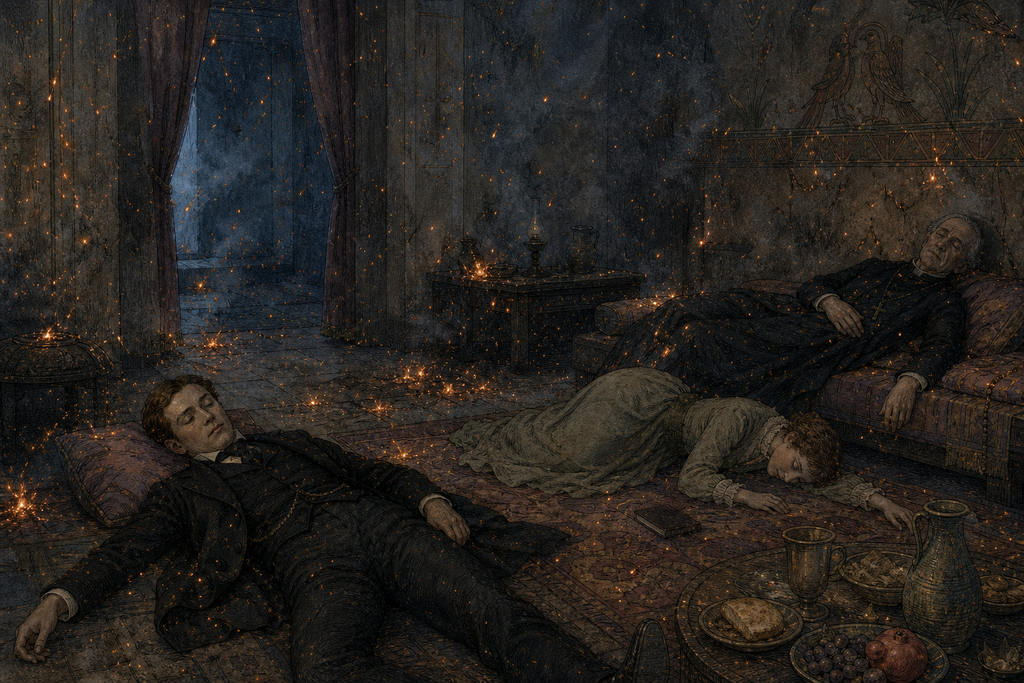 Sparks rained through sudden darkness as all three lay senseless, stripped of shelter, weapons, and time.