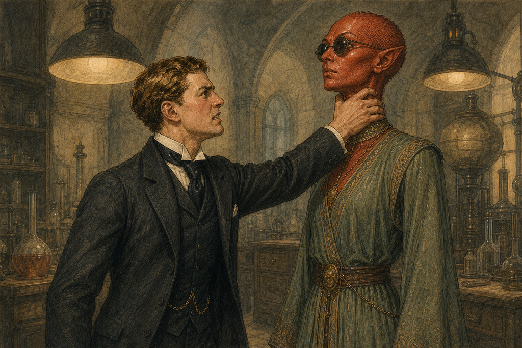 He caught her by the throat, demanding escape, while she stood perfectly composed beneath the cold laboratory lamps.