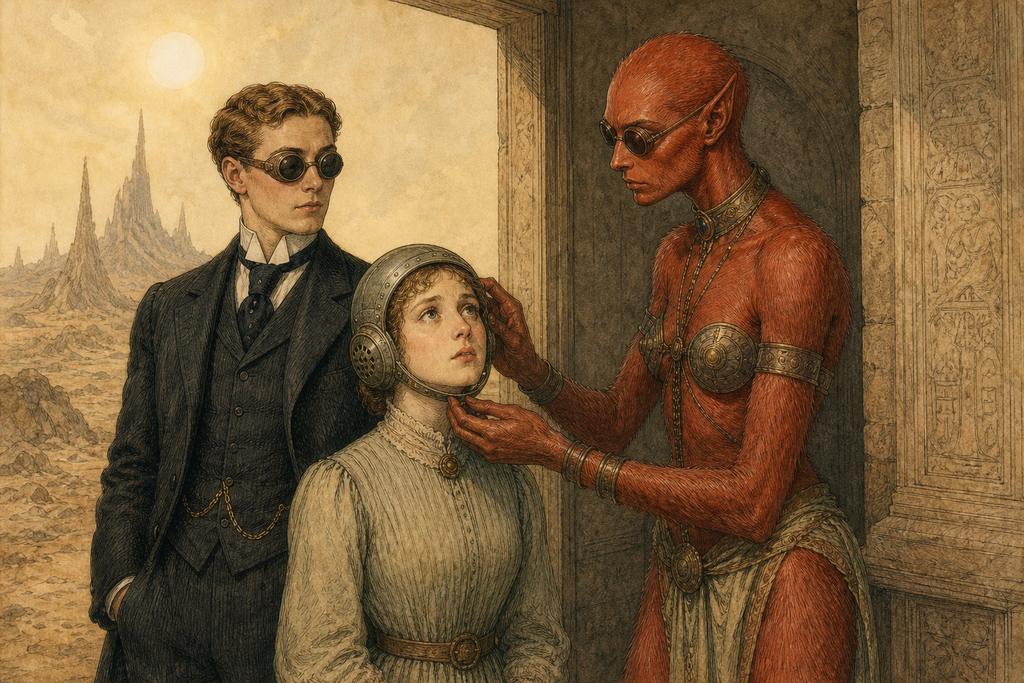 She fitted them with Dark Glasses and Cooling Headgear, then secured the metallic coverings against murderous heat.
