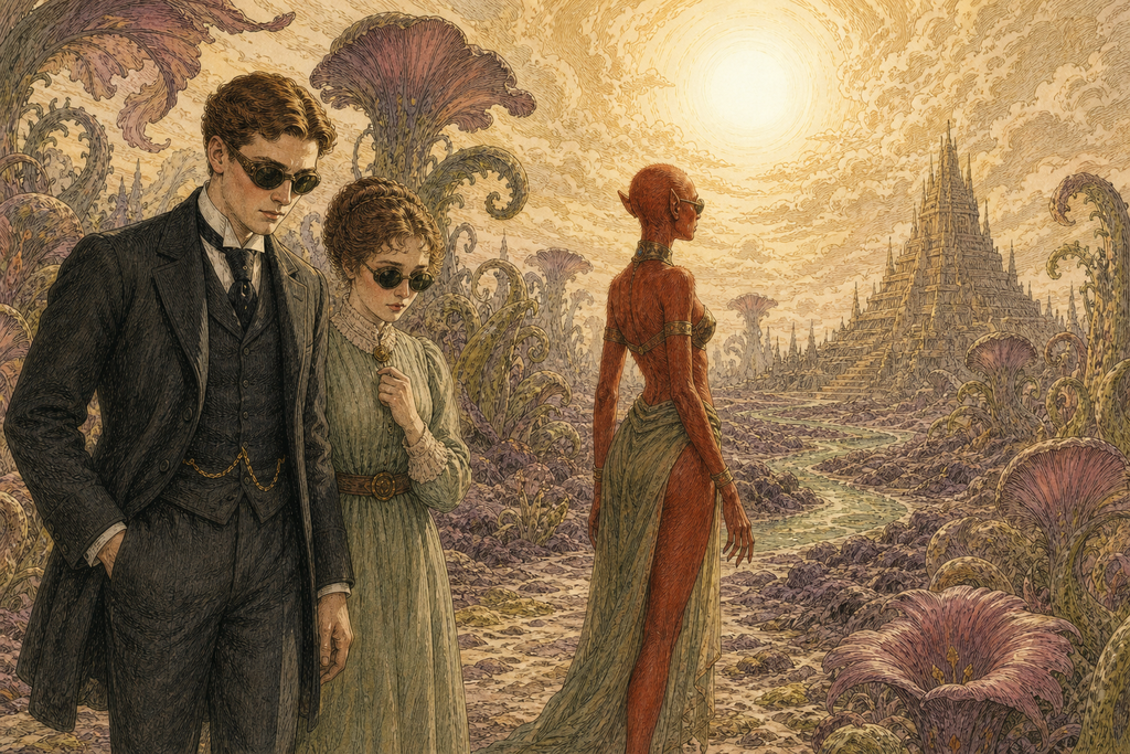 They stepped into daylight, where the blinding white sun burned above violet moss and colossal flowers.