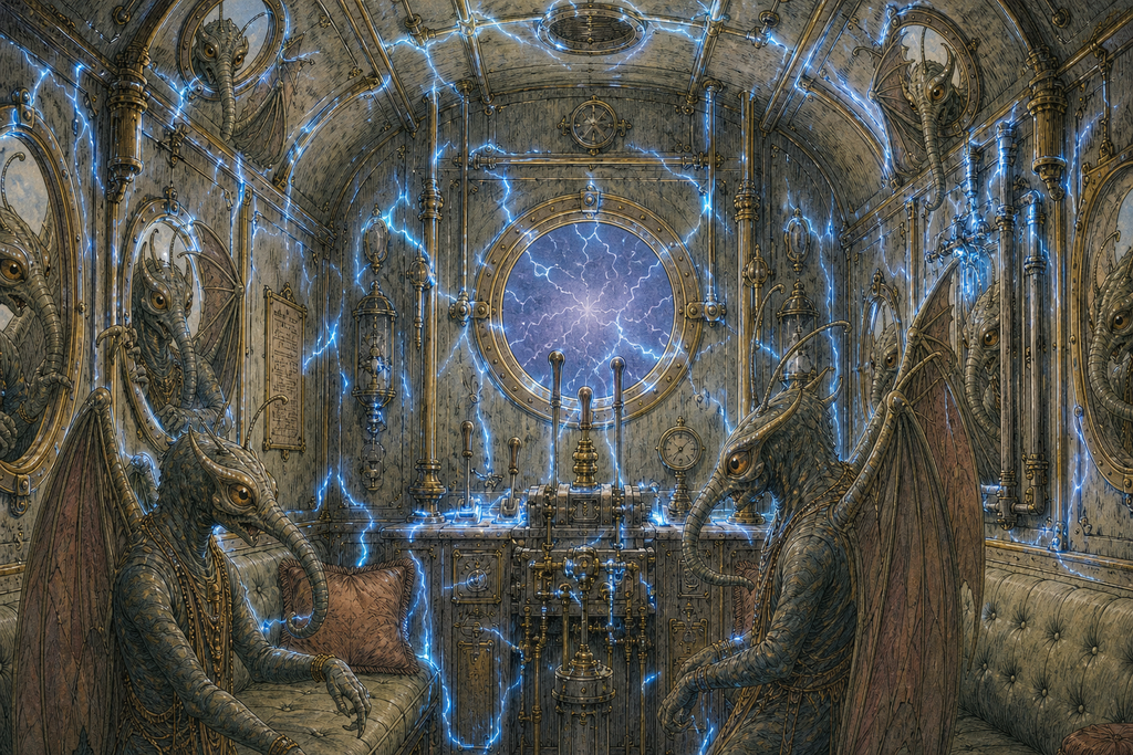 Blue fire crawled over the metal fittings, every renewed pulse locking the silent mechanism while winged figures crowded the scuttles.