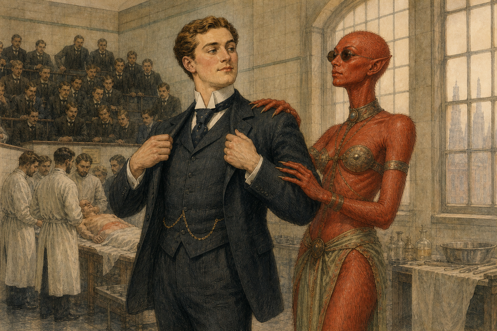Whenever they met, day after day, she praised his broad shoulders, healthy frame, and splendid physical proportions, observations he received with growing delight as richly deserved admiration.