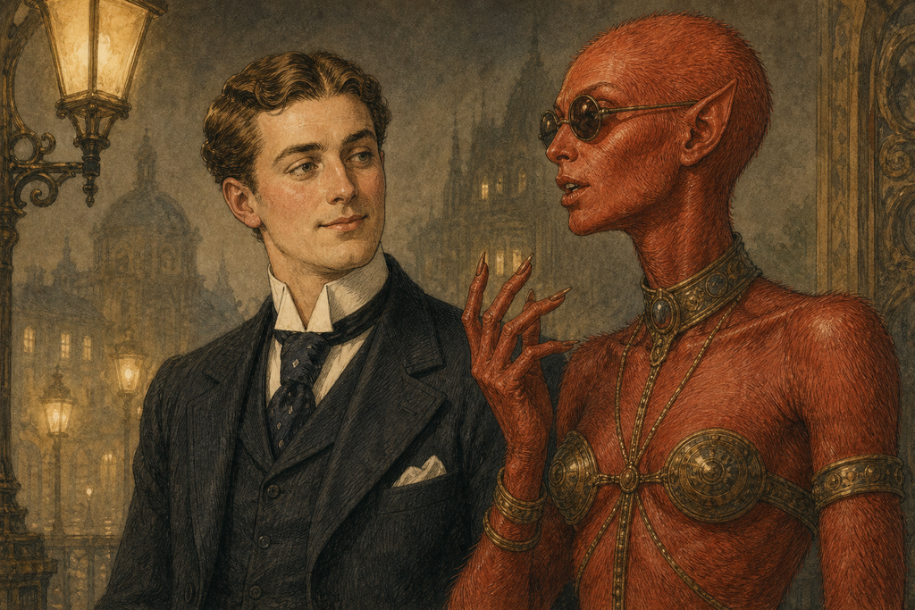 Her brick-red skin, fine facial down, dark glasses, and strangely foreign speech briefly puzzled him, but never enough to disturb his pleasure.