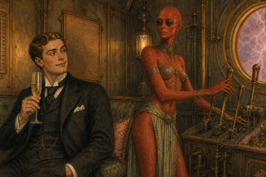 He drank eagerly, mistaking her attention for desire, while she watched him and quietly tested the levers.