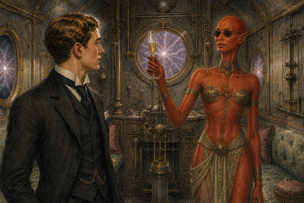 Then she raised her glass, regarding him through dark glasses with playful composure.