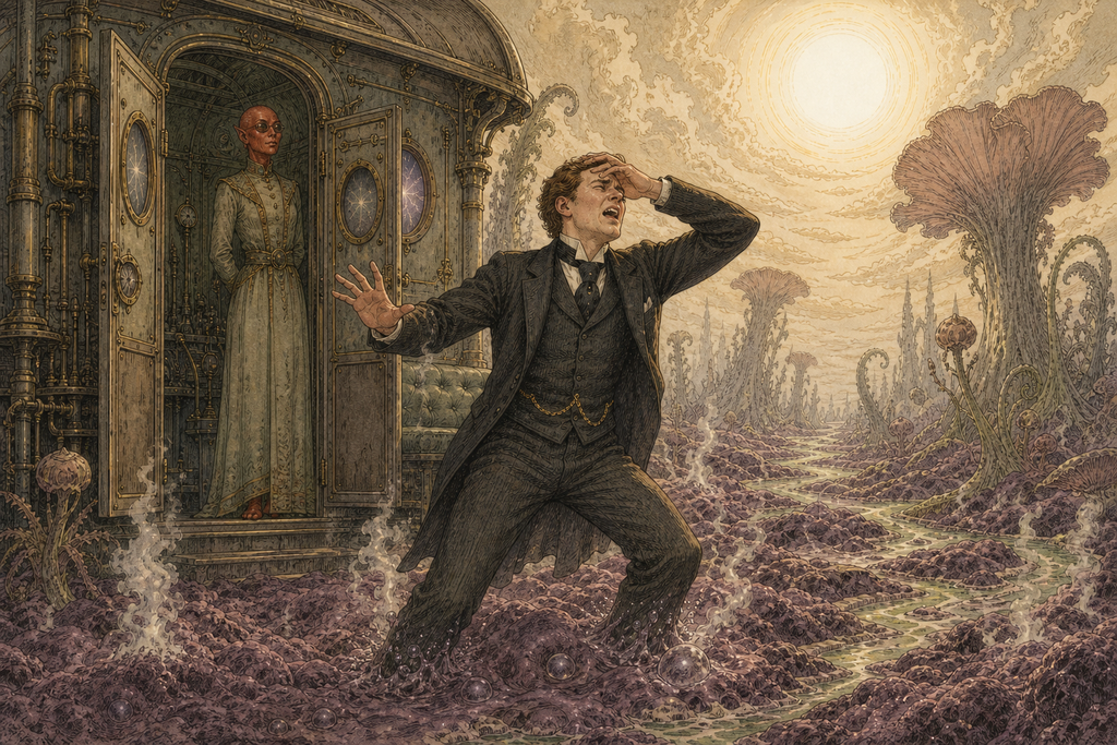 The door opened; Thomas stepped boldly out, plunged ankle-deep into boiling violet moss, recoiled screaming, then looked upward into a white sun that stabbed his eyes.
