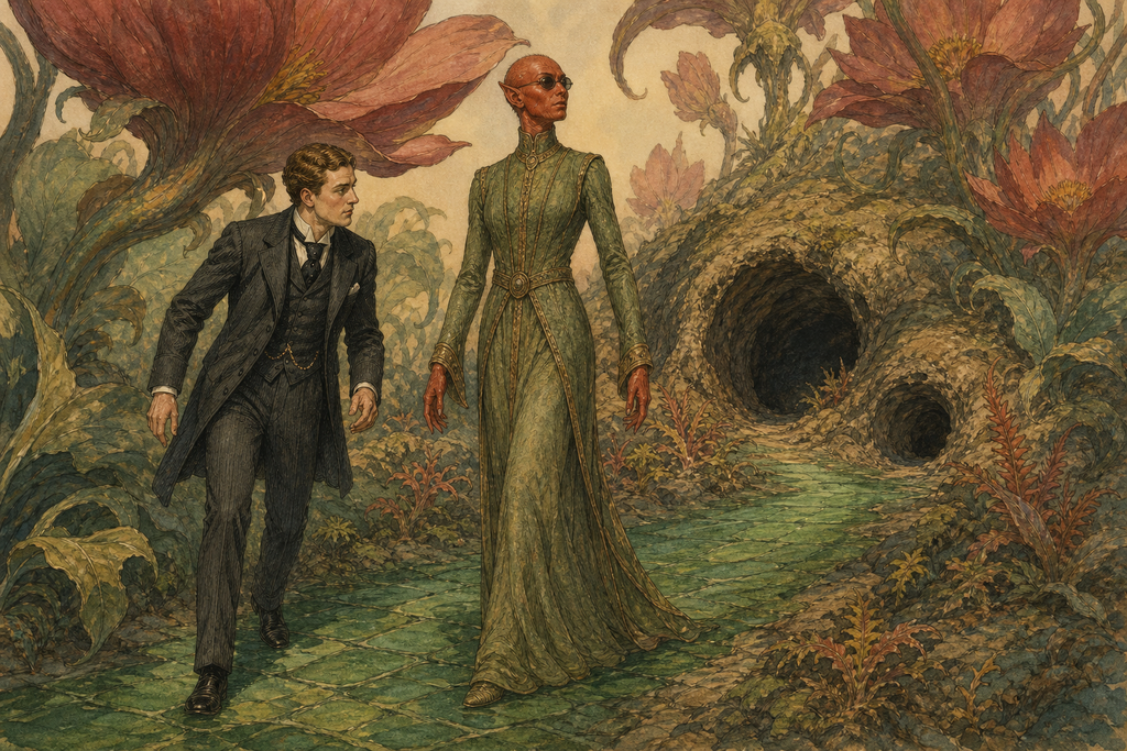 She led him along an emerald road beneath colossal flowers, toward burrow-like openings in the ground.