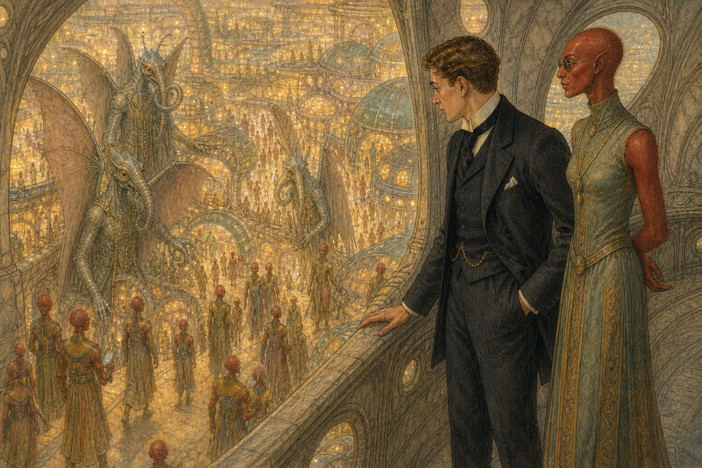 Below, Venus City unfolded through glowing tunnels and domes, crowded with brick-red Sutenraa and towering, winged Thotheen.