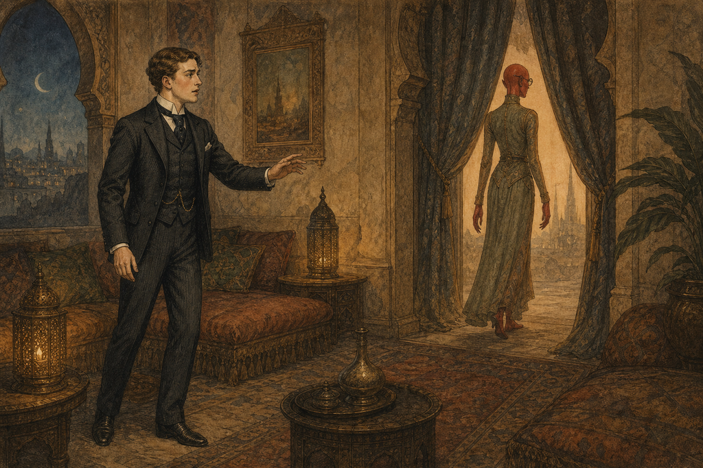She departed before he could plead, leaving him alone amid low couches and dim lamps.