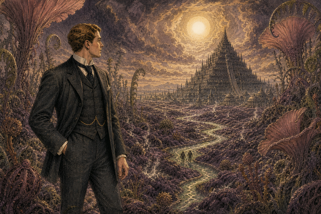 Beyond the violet moss, distant pyramids rose like black teeth, fixing the direction of his desperate gamble.