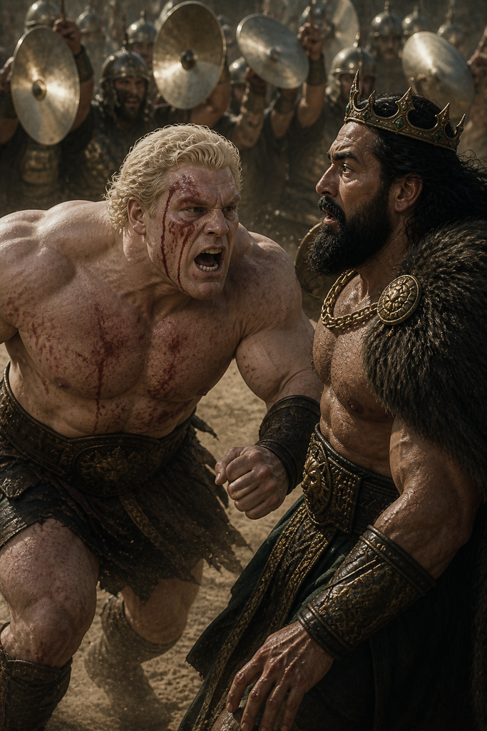 Cymbals crash as Goldry charges, blood streaking his face.