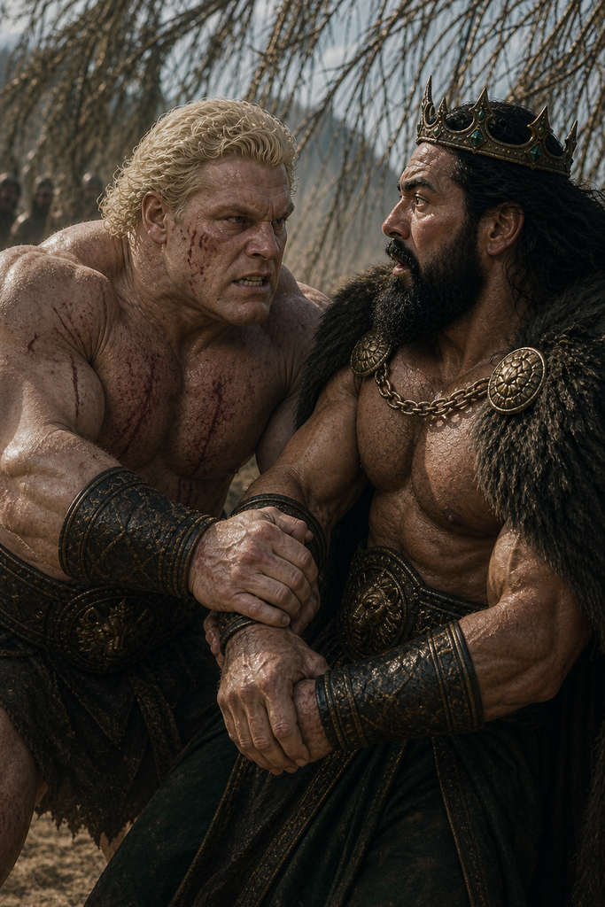 He seizes the king's right arm before any defense.