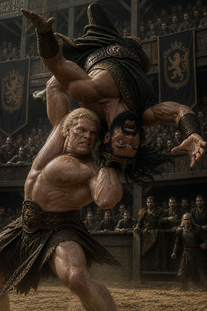 The champion pivots and hurls the towering king head-first like a spear.