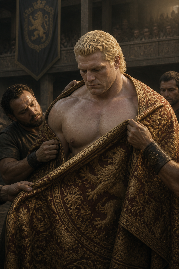 Goldry sways while companions wrap his golden cloak.