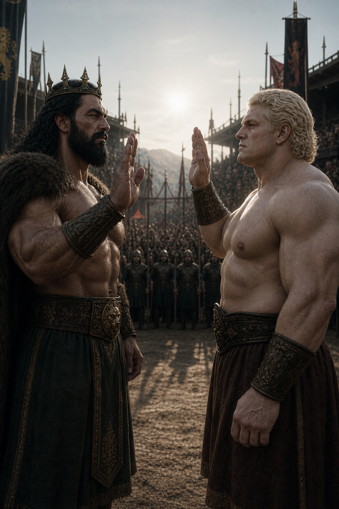 Both swear obedience as victory decides the king's claim.