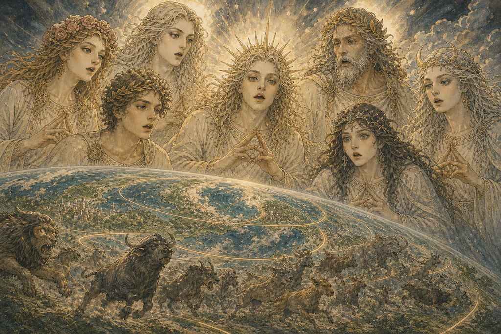 The gods watched beasts run beyond the ordered paths of worlds.