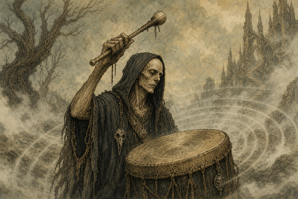 He struck it again and again, and the rhythm rolled through the sacred stillness.