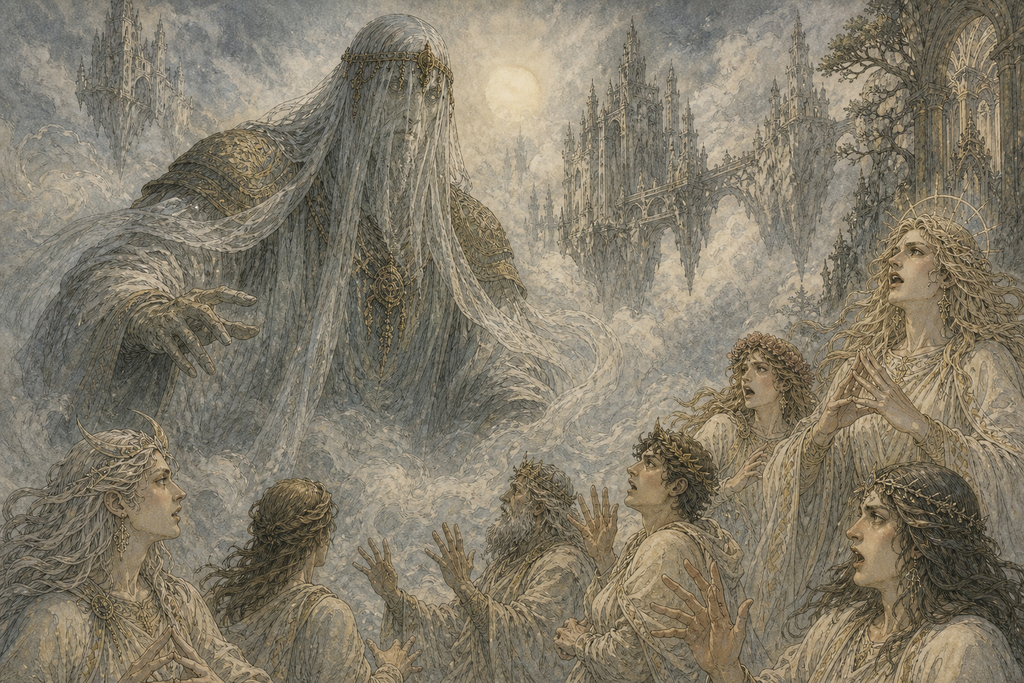 MANA-YOOD-SUSHAI stirred beneath the veil, and terror flashed across the radiant court.