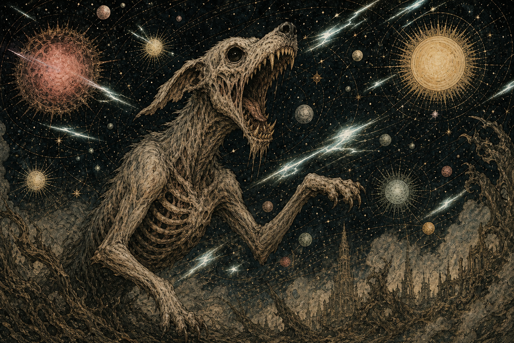 Thunder fled the Worlds as the hound Time bayed through darkness.