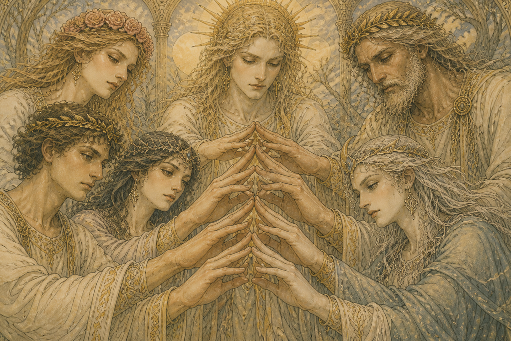 Their many hands moved together.