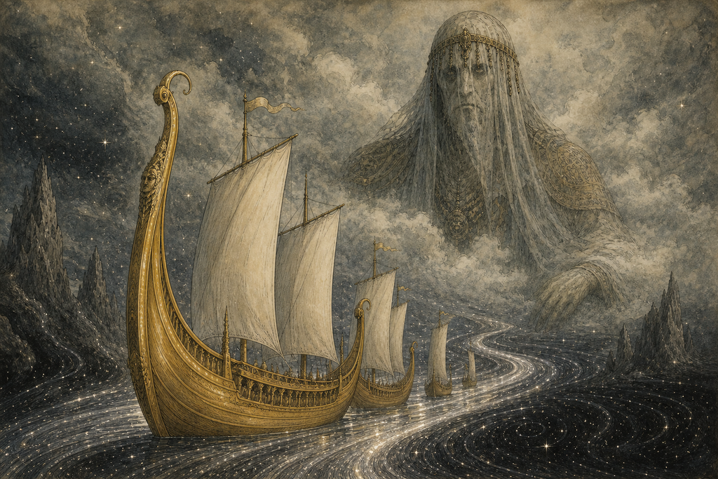 The golden galleons slipped onto Imrana beneath the maker's waking presence.