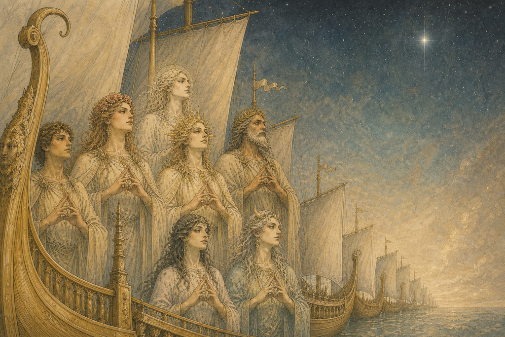 The gods sailed downward without turning, their radiant forms fading beyond the farthest star.