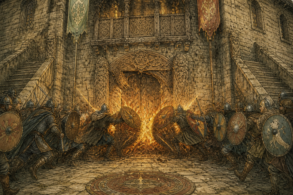 At the doors, both attacks struck as one.