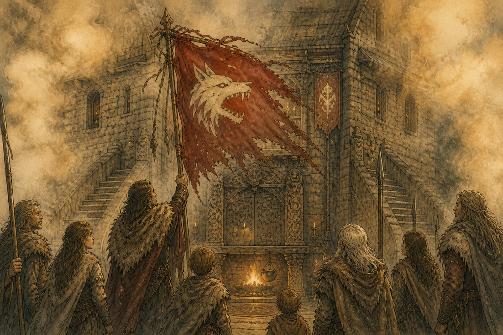 A wolf banner lifted through smoke.