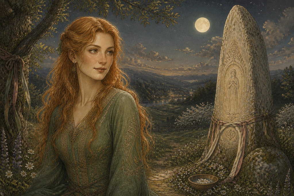 Sunbeam waited beside the pale stone, red-wheat hair loose in warm night.