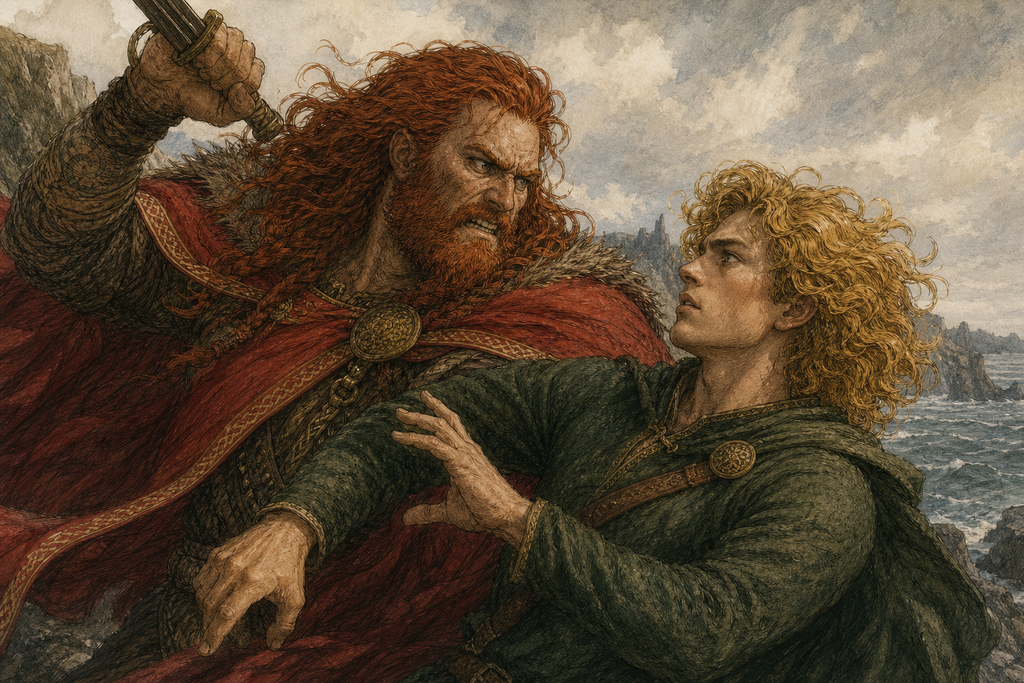 A scarlet stranger drove Face of God backward, weapon high, cliff wind clawing at their cloaks.