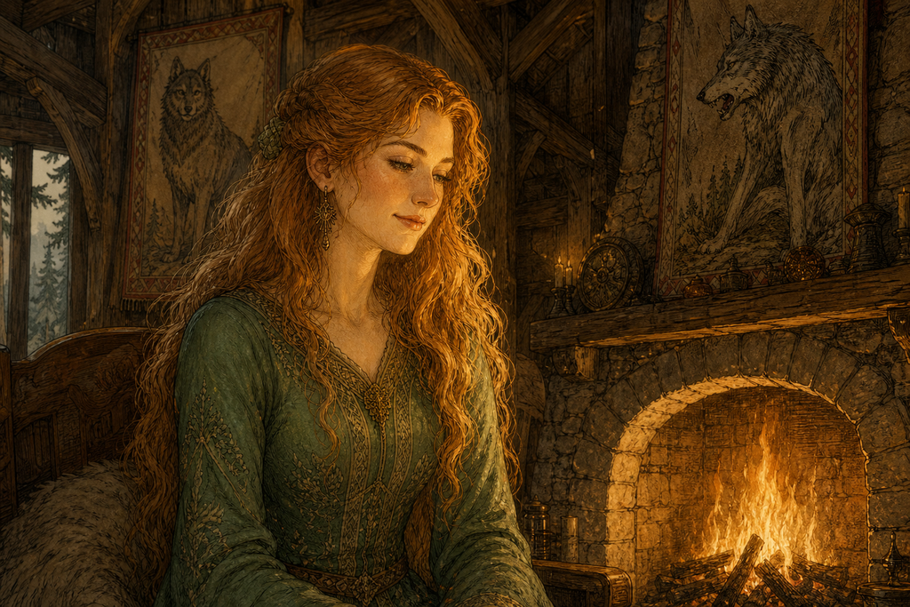 At Mountain Hall, wolf hangings leaned above a fire that painted her red-wheat hair gold.