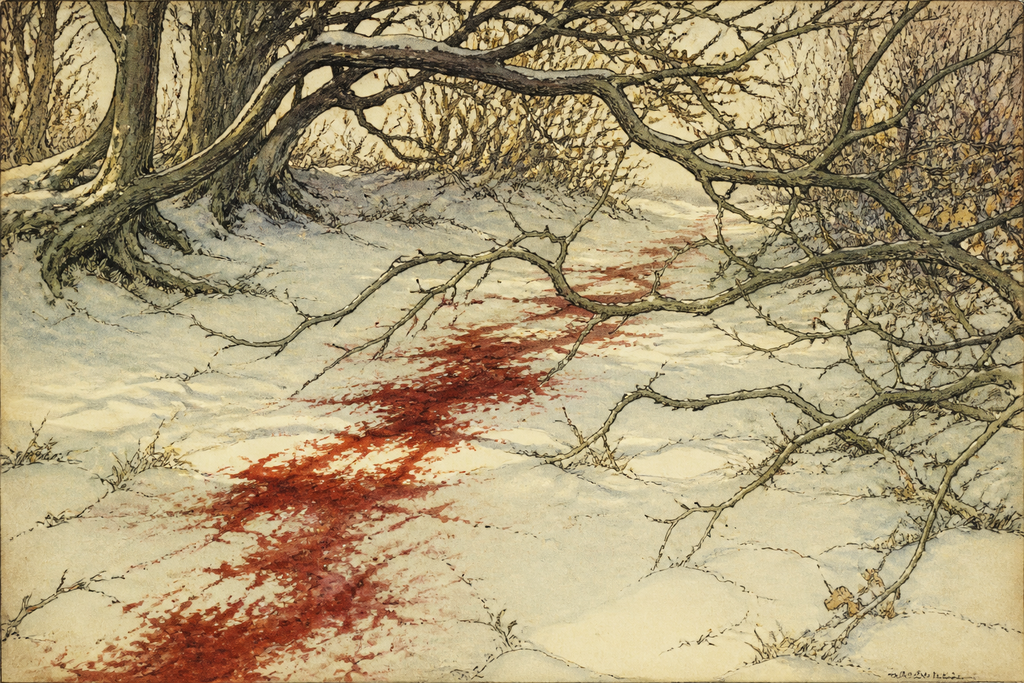 Snow turned red beneath tangled winter branches.