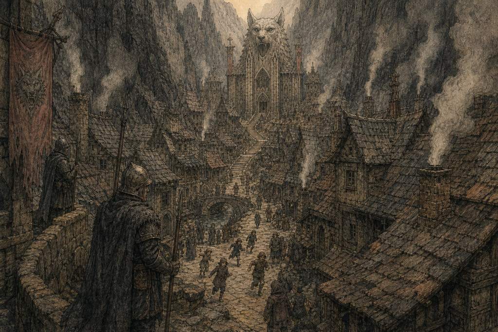 Roofs crowded the hollow, smoke rose from chimneys, and children ran beneath armed watchers.