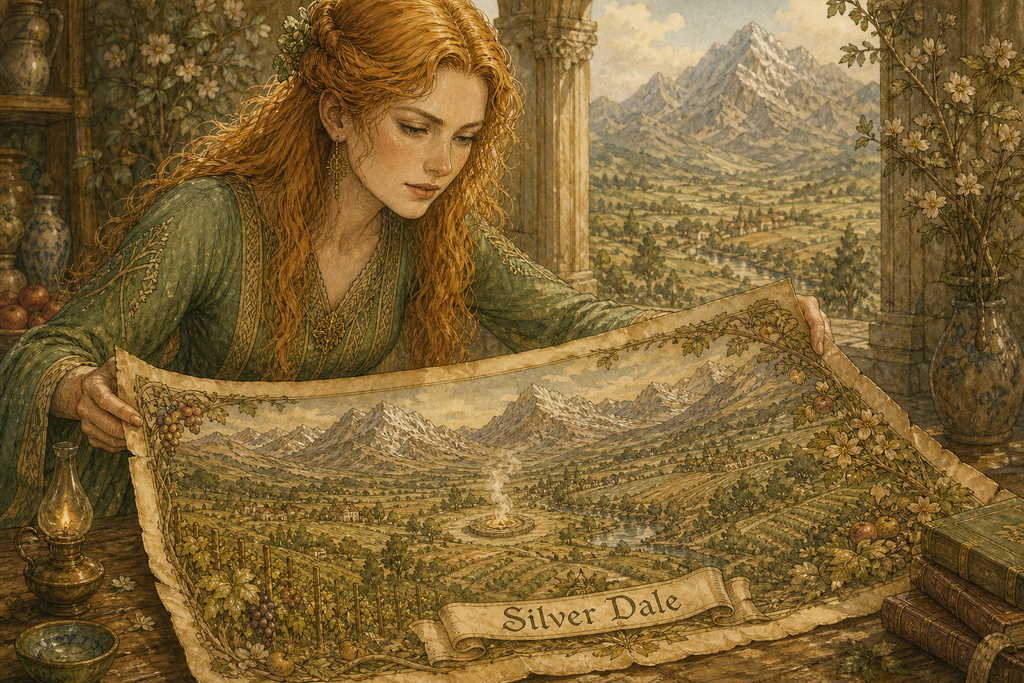 Sunbeam turned the hide and uncovered Silver Dale, drawn wide with vineyards, orchards, and a hearth at its center.