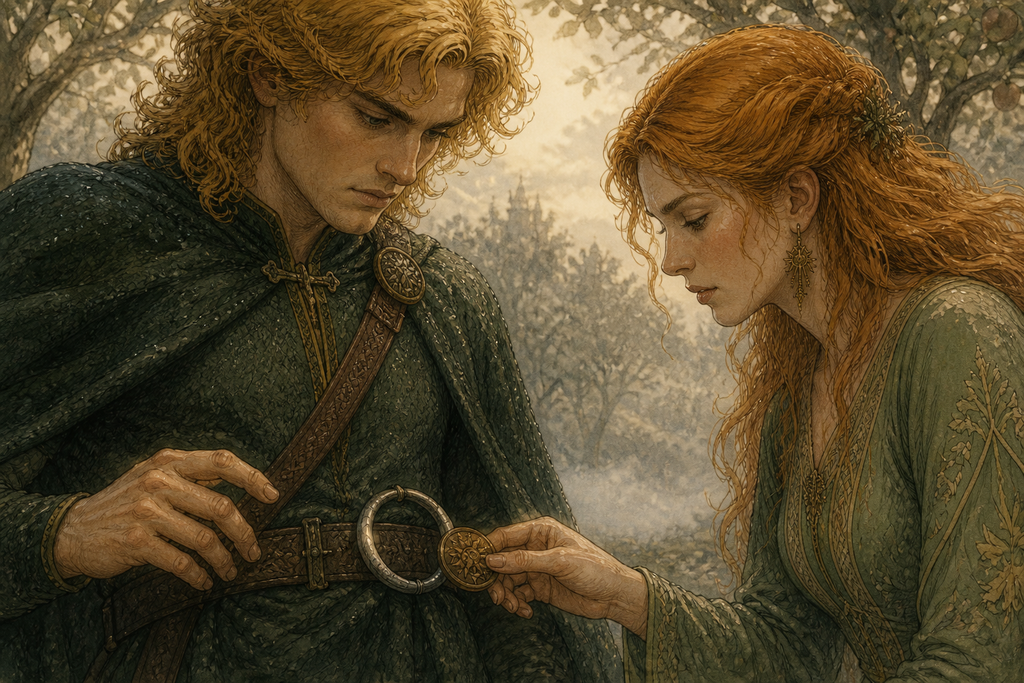 Orchard mist wet his cloak, but the silver arm-ring on his belt clicked against Sunbeam's bronze token.