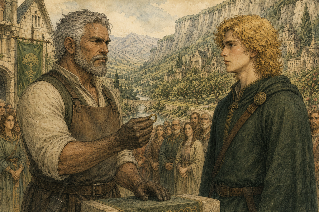 Iron Face lifted the strange ring, looked at his son's travel-worn face, and set the ring before the people.