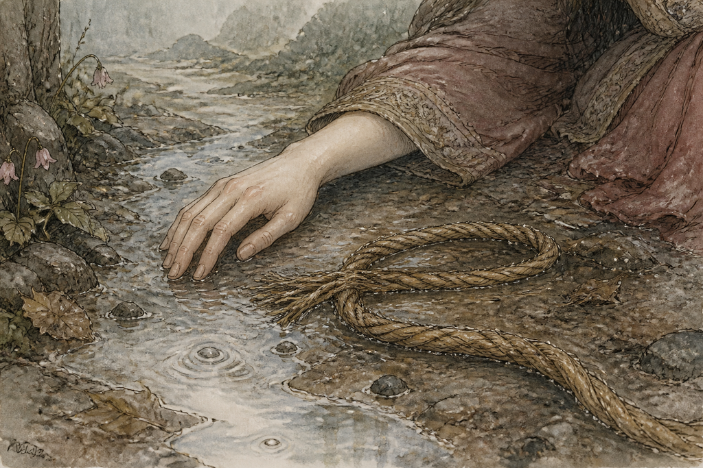 Her severed rope lay beside her hand.
