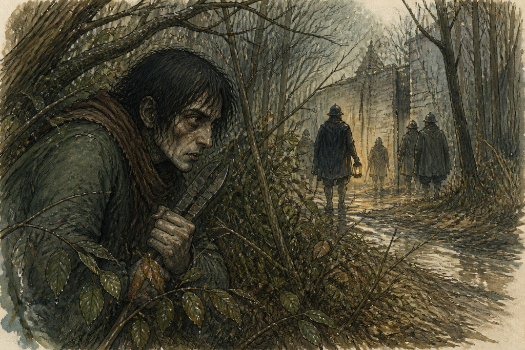 Gaunt fugitives watched from brush, gripping stolen tools as if every welcome concealed another chain.