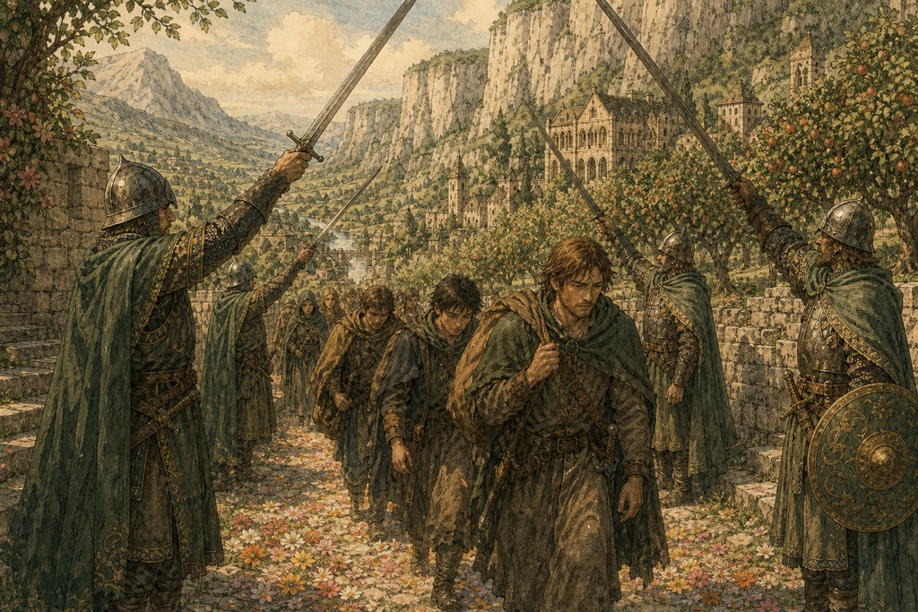 Forty-one fugitives reached Burgdale beneath drawn swords, then saw flowers scattered along the guarded road.