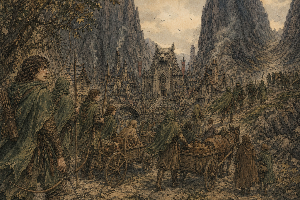 Families entered Shadowy Vale with carts and tools, while archers and spearmen turned toward the barren pass.