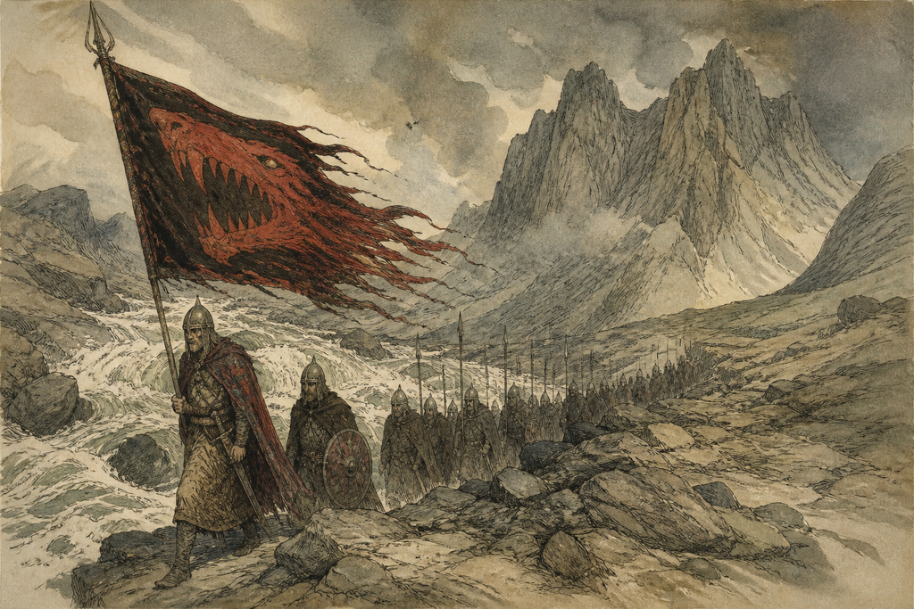 Eastward, the red jaws slipped through the Shivering Flood and across barren stone without a drumbeat.